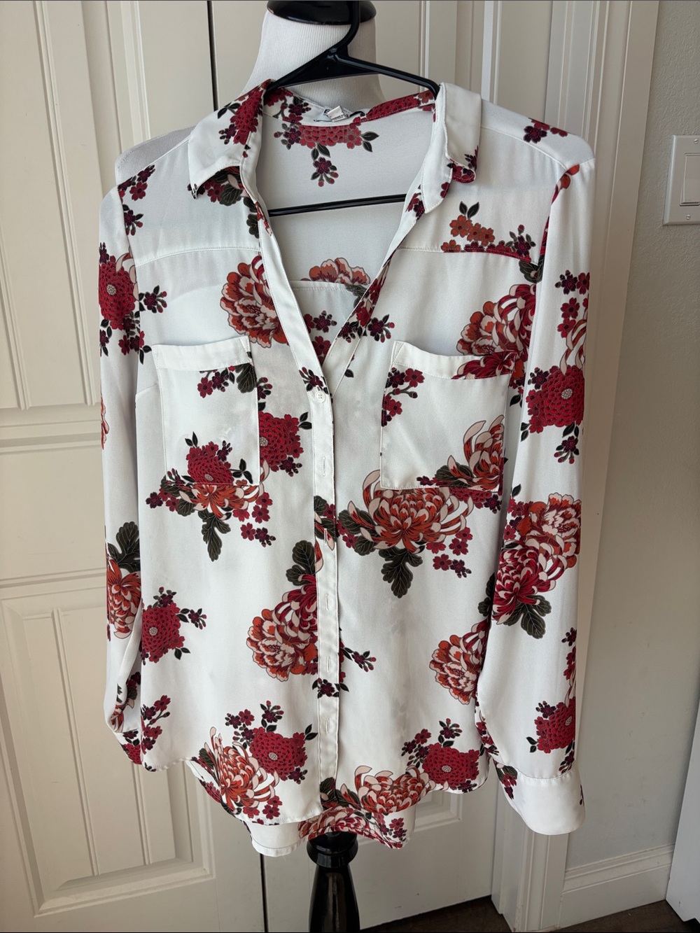 Express White Button-Down Shirt with Red Floral Print